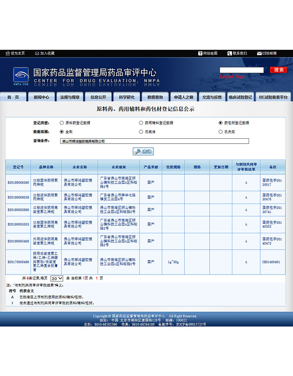 原料藥、藥用輔料和藥包材等級(jí)信息公示